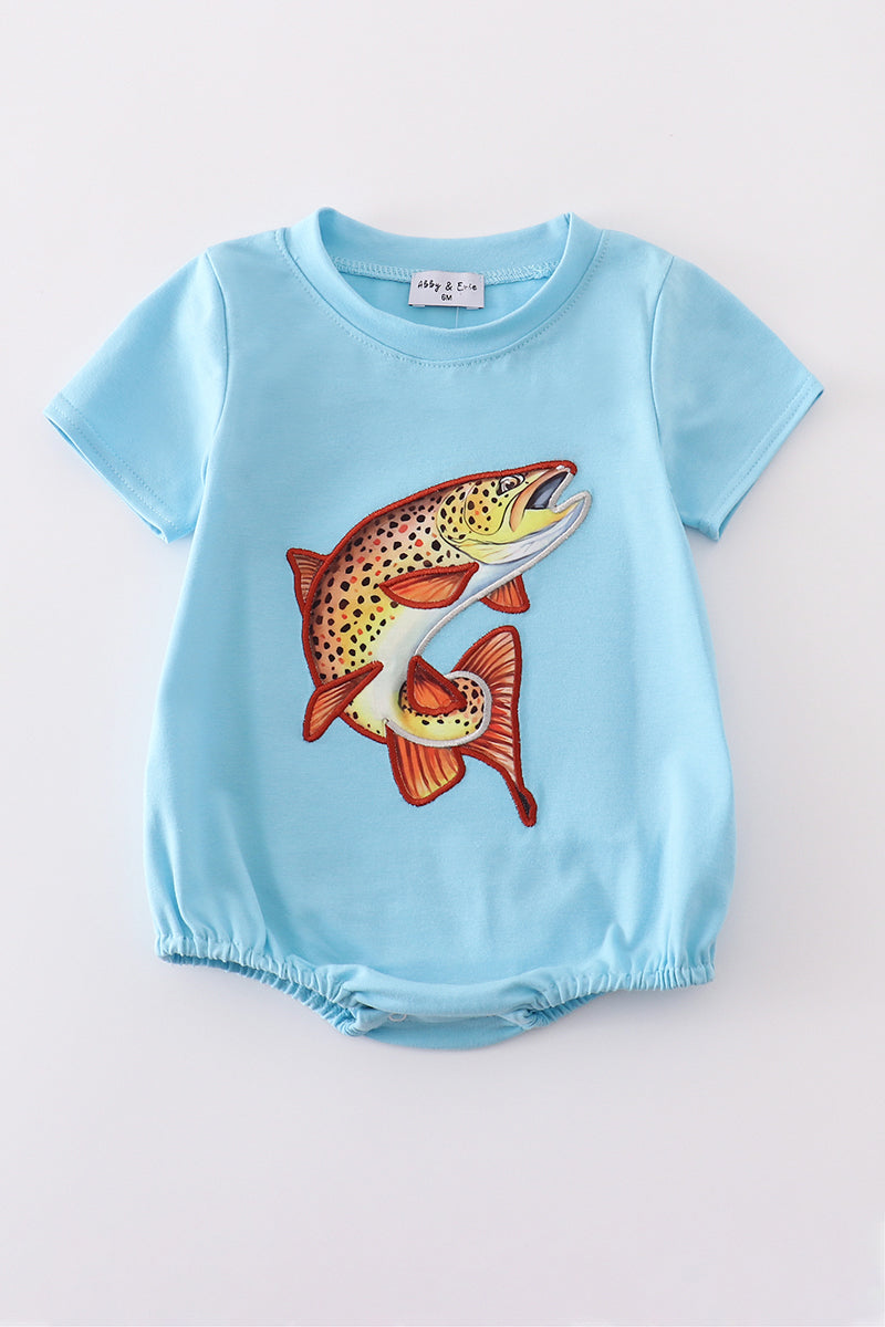 Blue fish applique bubble romper with playful aquatic design, perfect for summer fun.