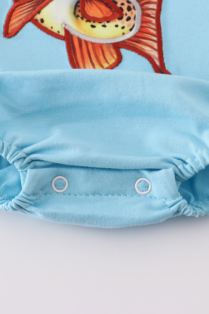 Blue fish applique bubble romper with playful aquatic design, perfect for summer fun.