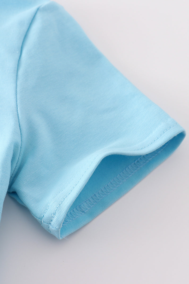 Blue fish applique bubble romper with playful aquatic design, perfect for summer fun.