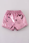Pink laser shorts for kids with a vibrant, colorful geometric pattern.