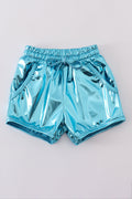 Blue laser shorts with a vibrant, playful pattern for active kids.