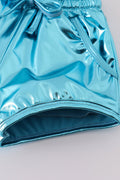 Blue laser shorts with a vibrant, playful pattern for active kids.