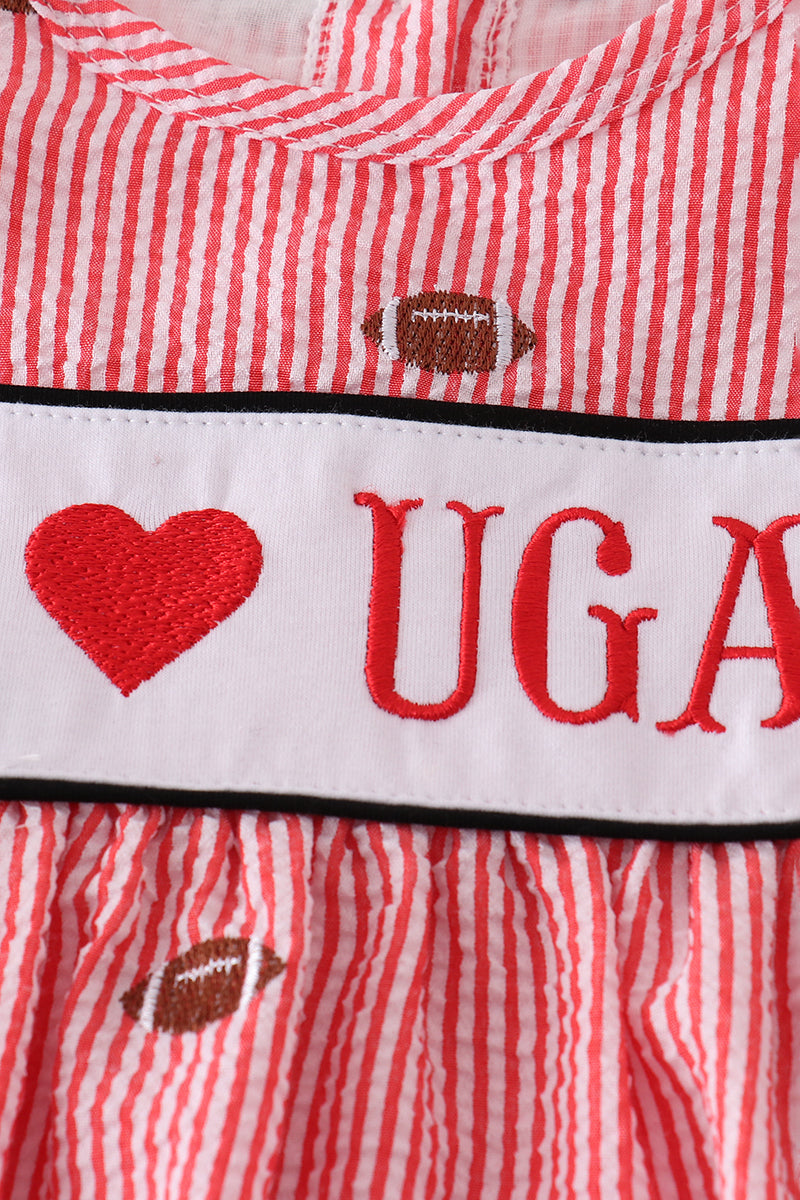 Red stripe seersucker football set with "I love UGA" embroidery, perfect for kids.