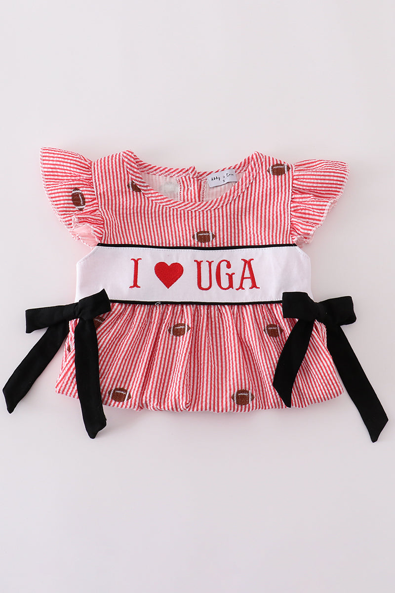Red stripe seersucker football set with "I love UGA" embroidery, perfect for kids.