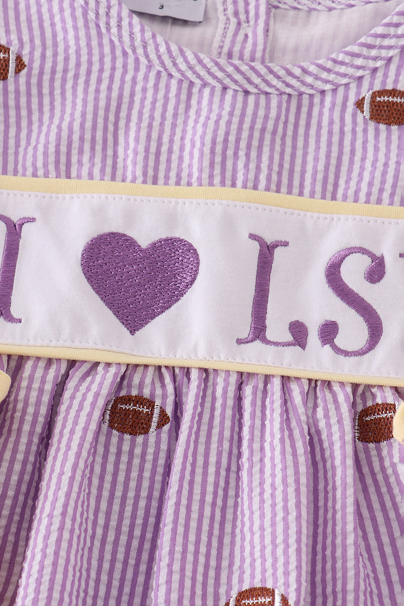Purple striped seersucker set with "I Love LSU" football embroidery.