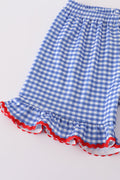Adorable blue gingham shorts set with a playful flag bow detail.