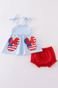 Blue and red bloomer set with playful character applique, perfect for toddlers.