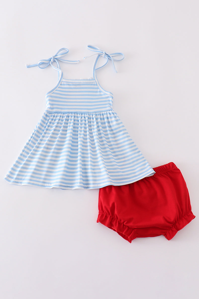 Blue and red bloomer set with playful character applique, perfect for toddlers.