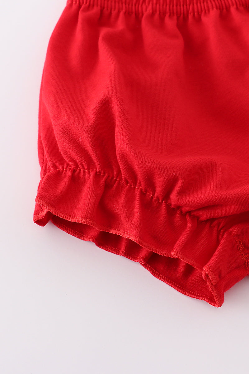 Blue and red bloomer set with playful character applique, perfect for toddlers.