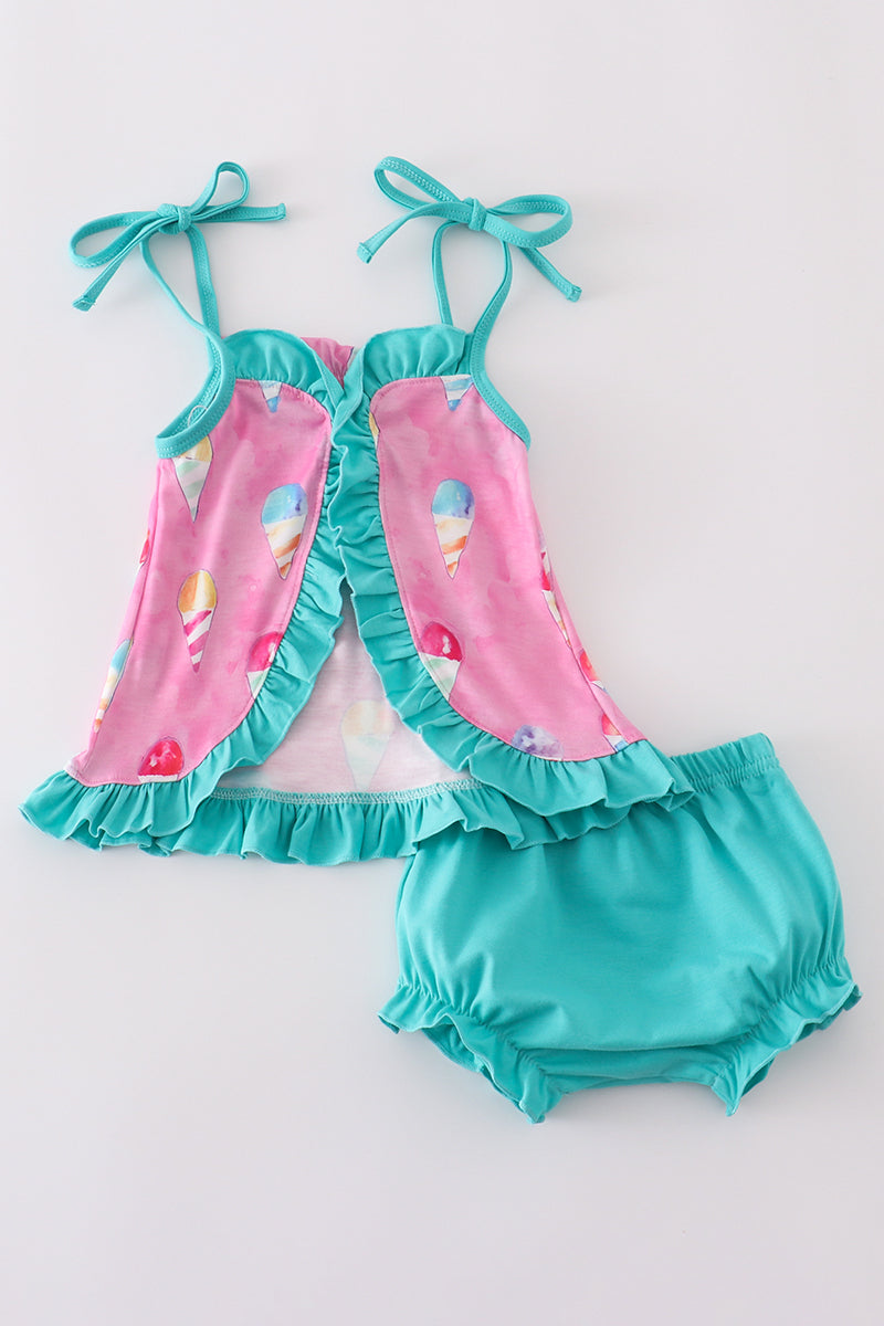 A cute pink bloomer set with colorful ice cream cone prints.