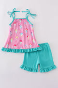 Adorable pink shorts set with playful ice cream print, perfect for summer fun.