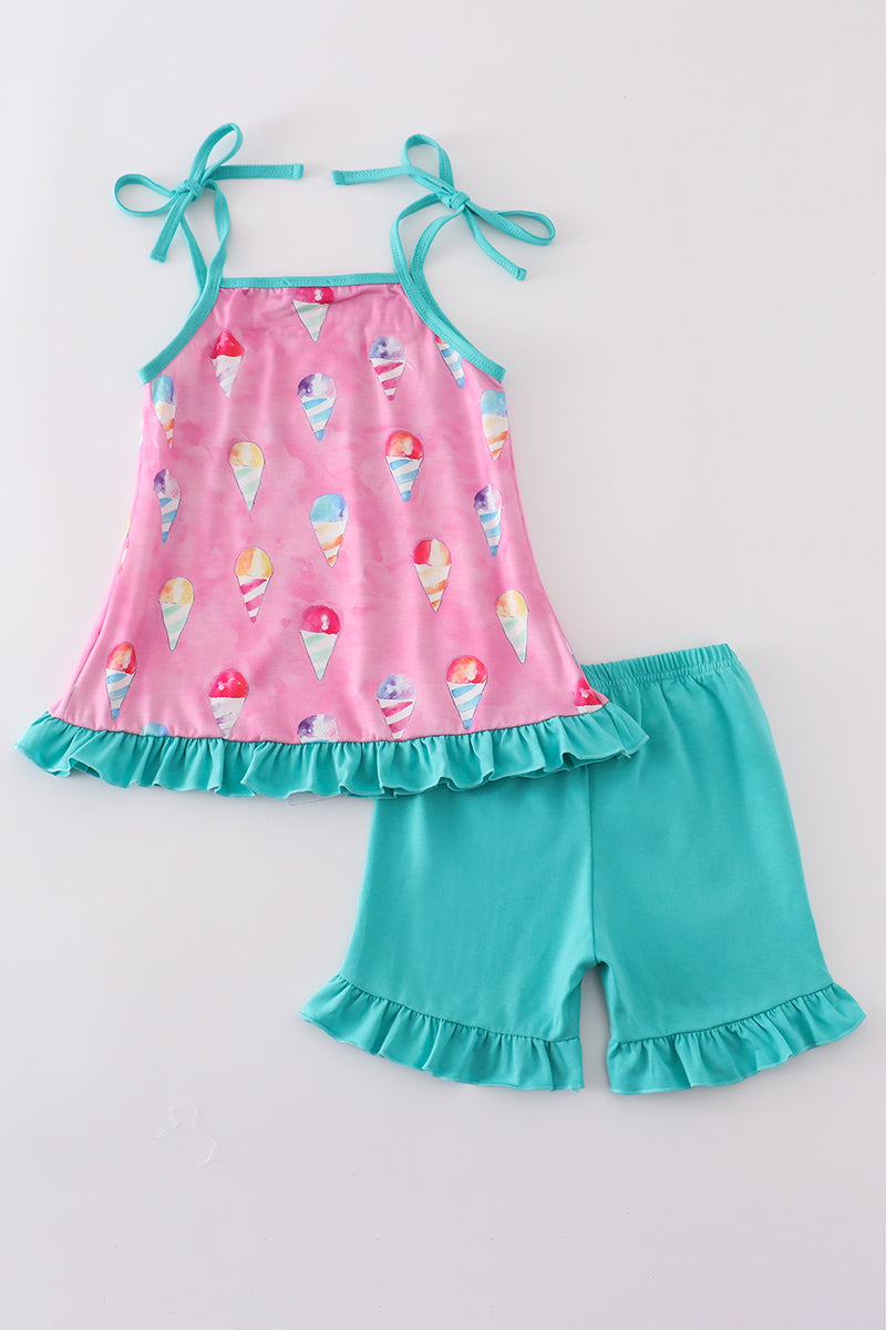 Adorable pink shorts set with playful ice cream print, perfect for summer fun.