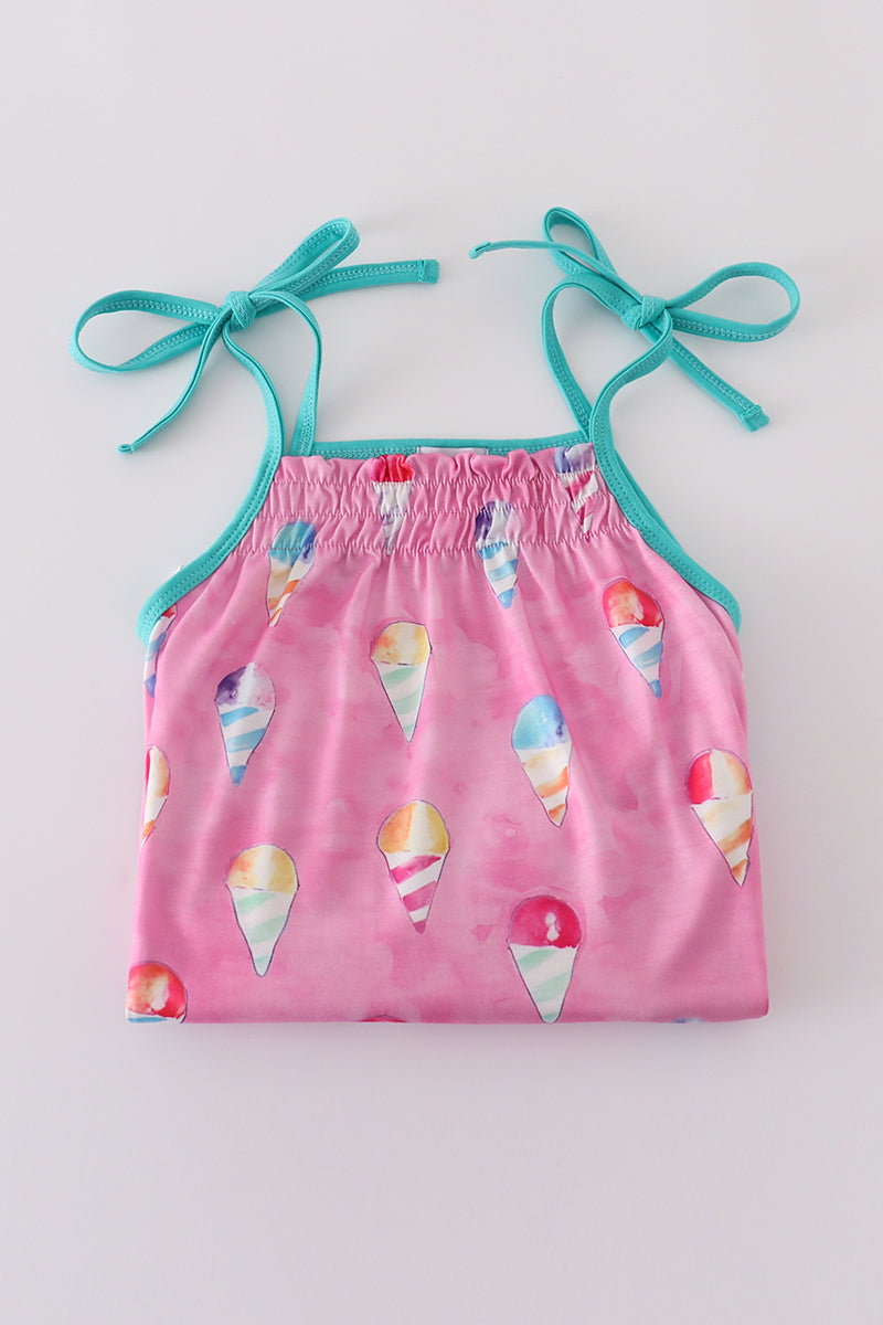 Adorable pink shorts set with playful ice cream print, perfect for summer fun.