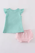Green camper applique bloomer set with playful nature-themed design, perfect for toddlers.