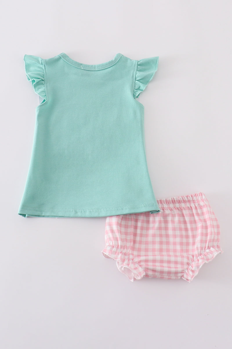 Green camper applique bloomer set with playful nature-themed design, perfect for toddlers.