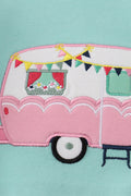 Green camper applique bloomer set with playful nature-themed design, perfect for toddlers.