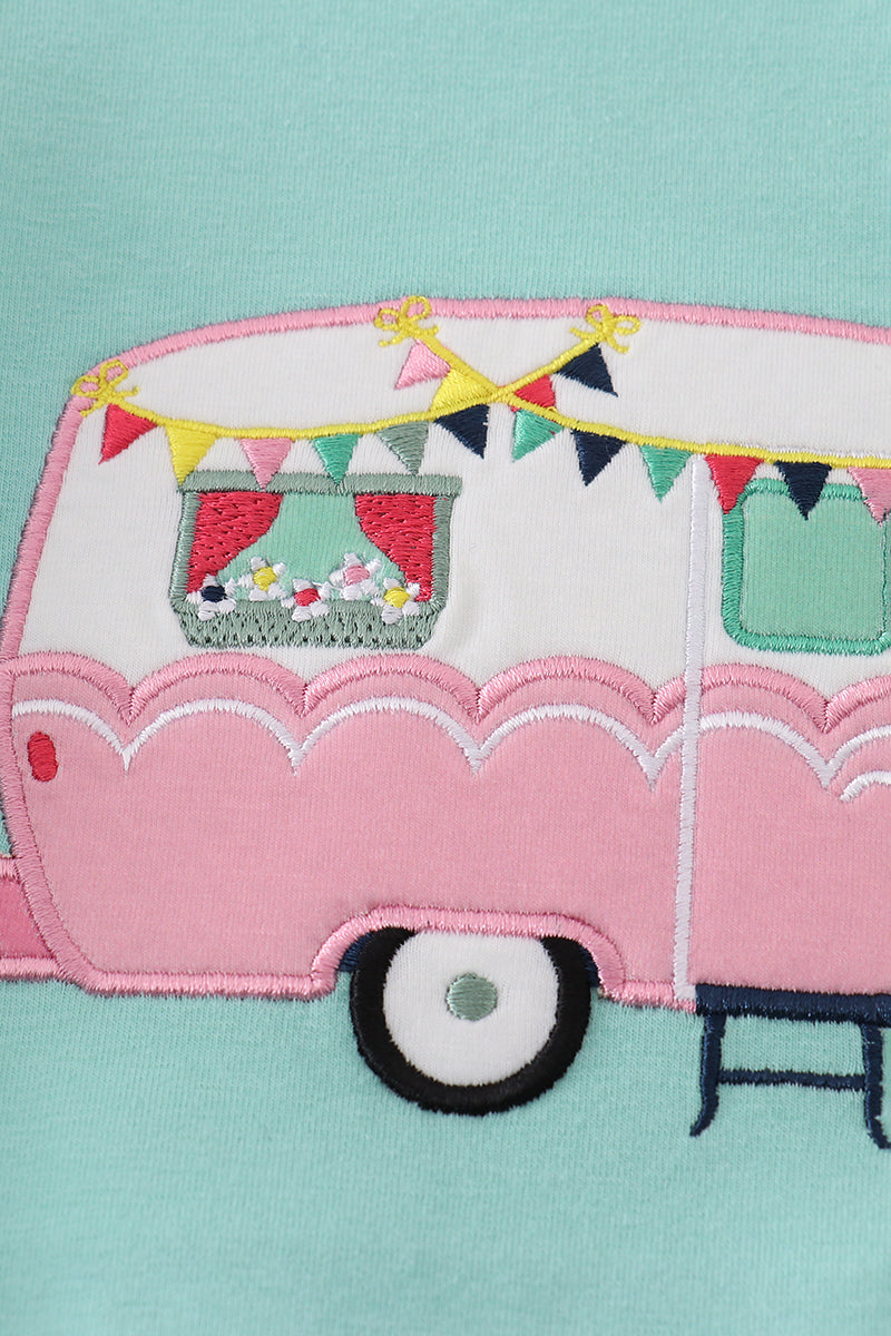 Green camper applique bloomer set with playful nature-themed design, perfect for toddlers.