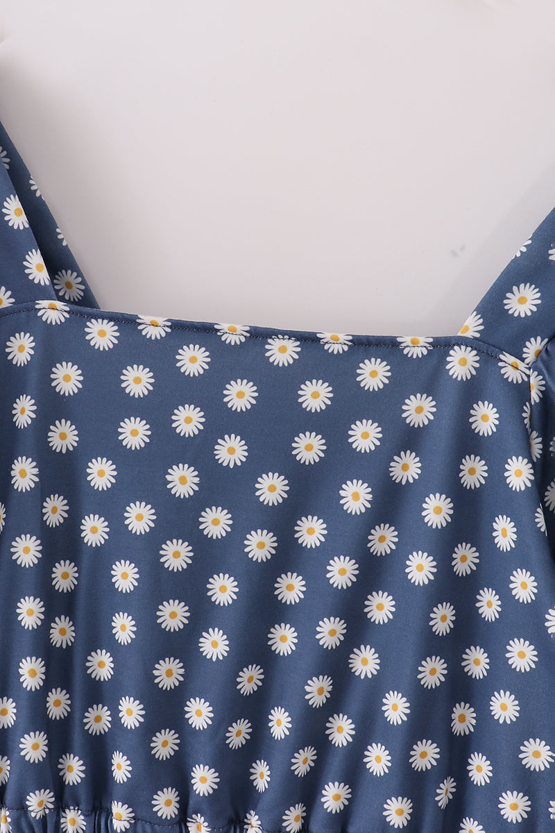 Navy dress with white daisy print, perfect for moms, casual and stylish.