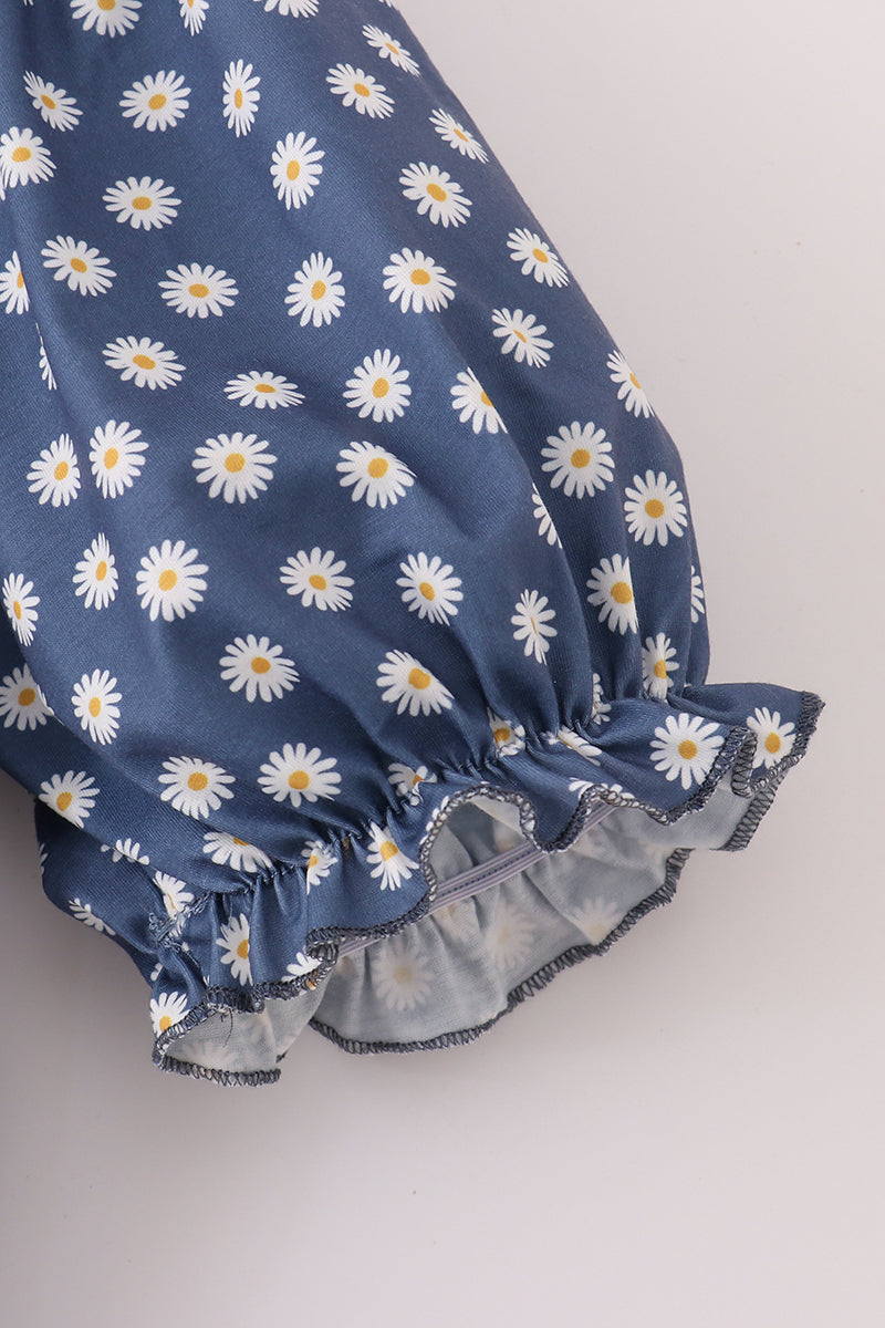 Navy dress with white daisy print, perfect for moms, casual and stylish.