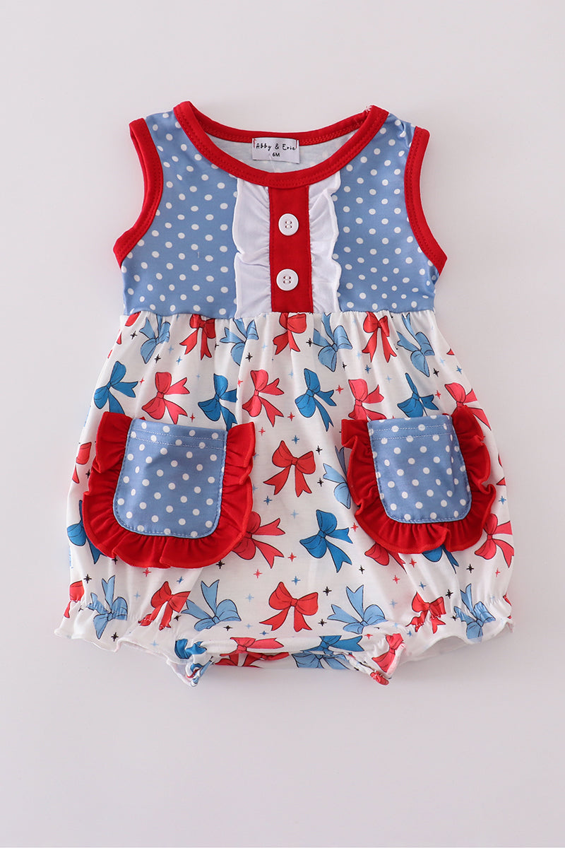 Blue bow print ruffle bubble romper with playful ruffles, perfect for summer outings.
