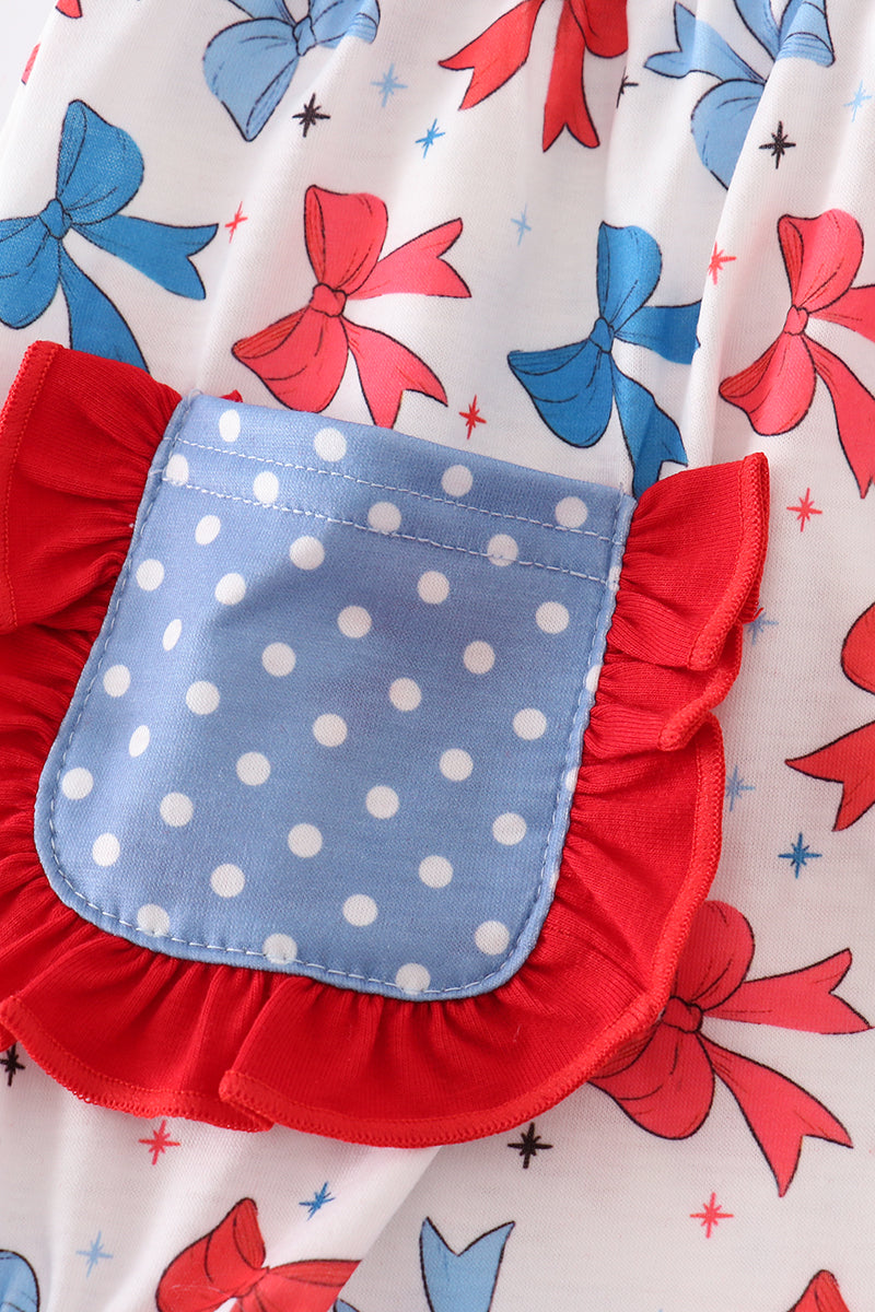 Blue bow print ruffle bubble romper with playful ruffles, perfect for summer outings.