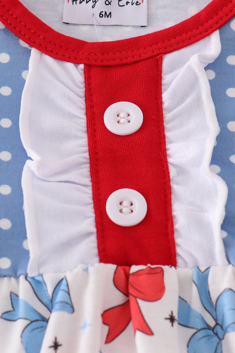 Blue bow print ruffle bubble romper with playful ruffles, perfect for summer outings.