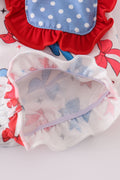 Blue bow print ruffle bubble romper with playful ruffles, perfect for summer outings.