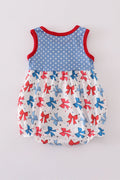 Blue bow print ruffle bubble romper with playful ruffles, perfect for summer outings.