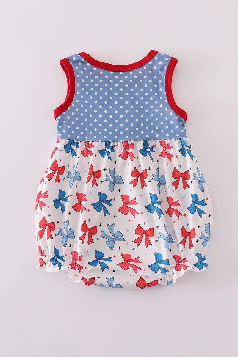 Blue bow print ruffle bubble romper with playful ruffles, perfect for summer outings.