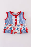Blue bow print ruffle bubble romper with playful ruffles, perfect for summer outings.