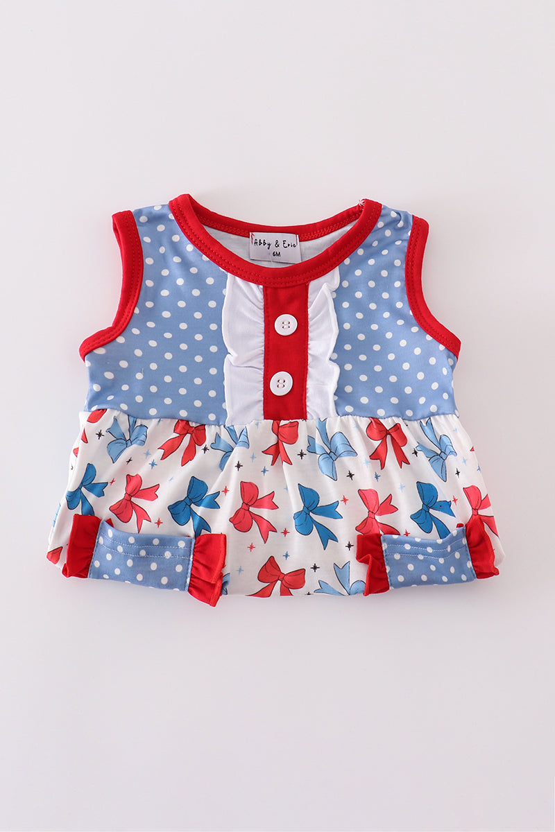 Blue bow print ruffle bubble romper with playful ruffles, perfect for summer outings.