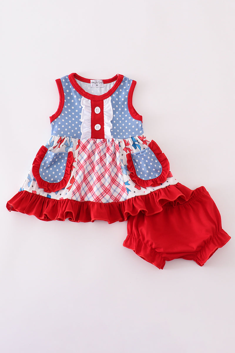 Blue bow print ruffle bloomer set with matching top, perfect for playtime.