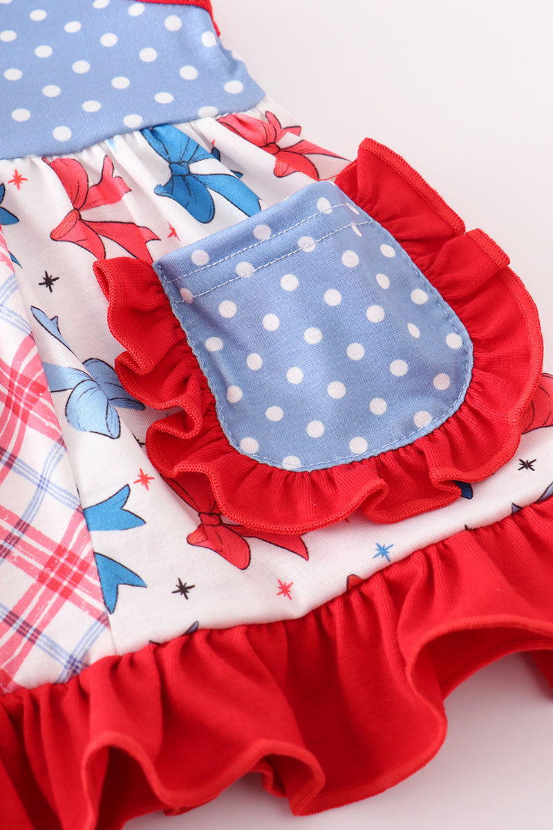 Blue bow print ruffle bloomer set with matching top, perfect for playtime.