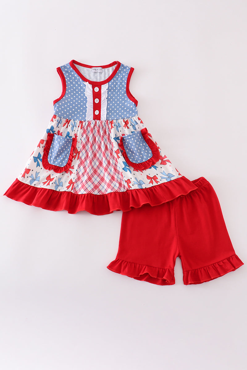 Blue bow print ruffle shorts set with playful pattern, perfect for summer fun.