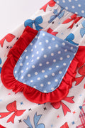 Blue bow print ruffle shorts set with playful pattern, perfect for summer fun.