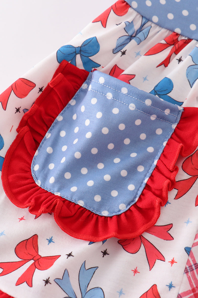 Blue bow print ruffle shorts set with playful pattern, perfect for summer fun.