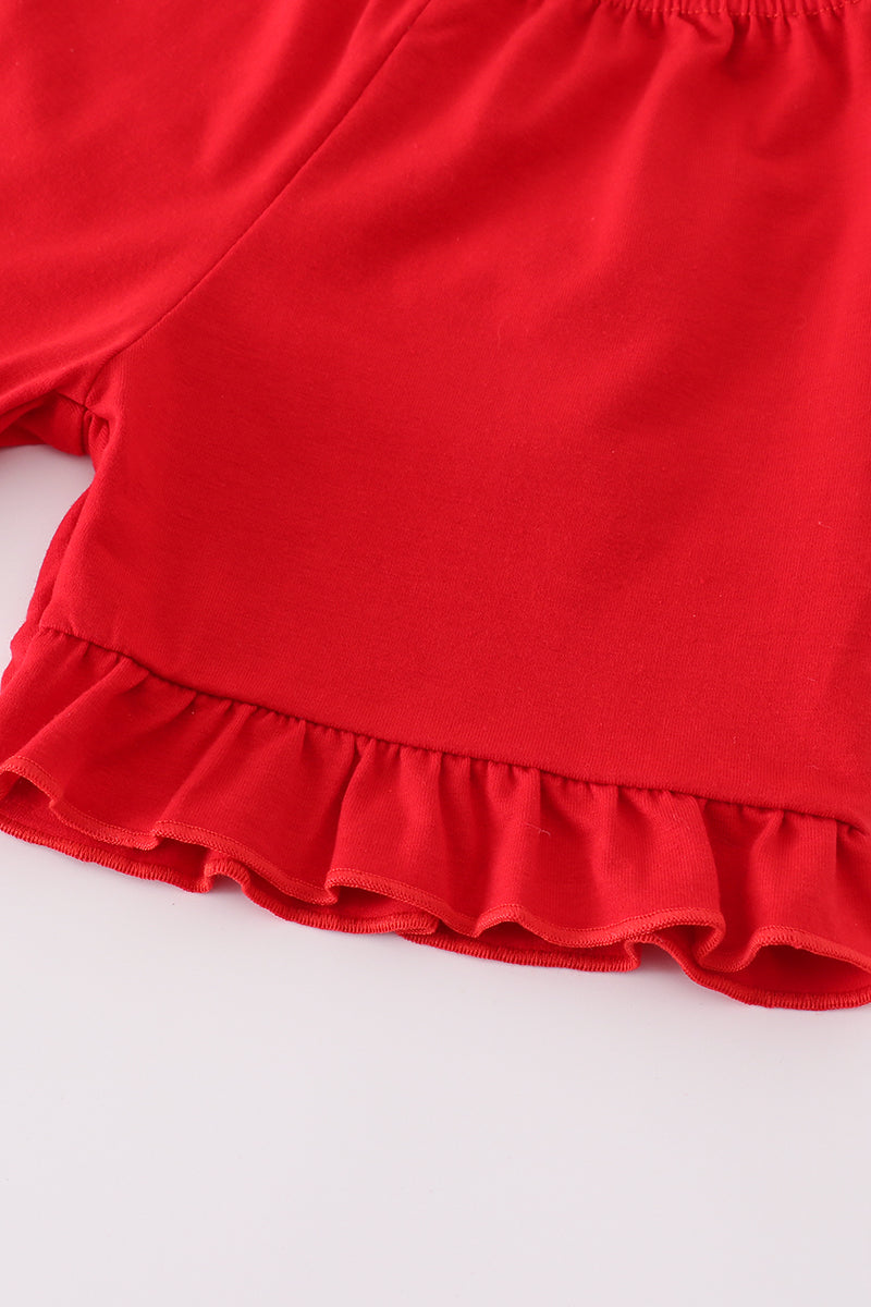 Blue bow print ruffle shorts set with playful pattern, perfect for summer fun.