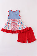Blue bow print ruffle shorts set with playful pattern, perfect for summer fun.