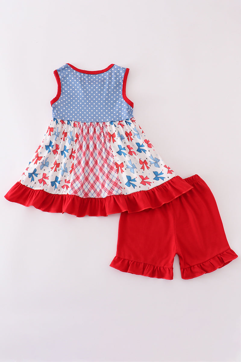 Blue bow print ruffle shorts set with playful pattern, perfect for summer fun.