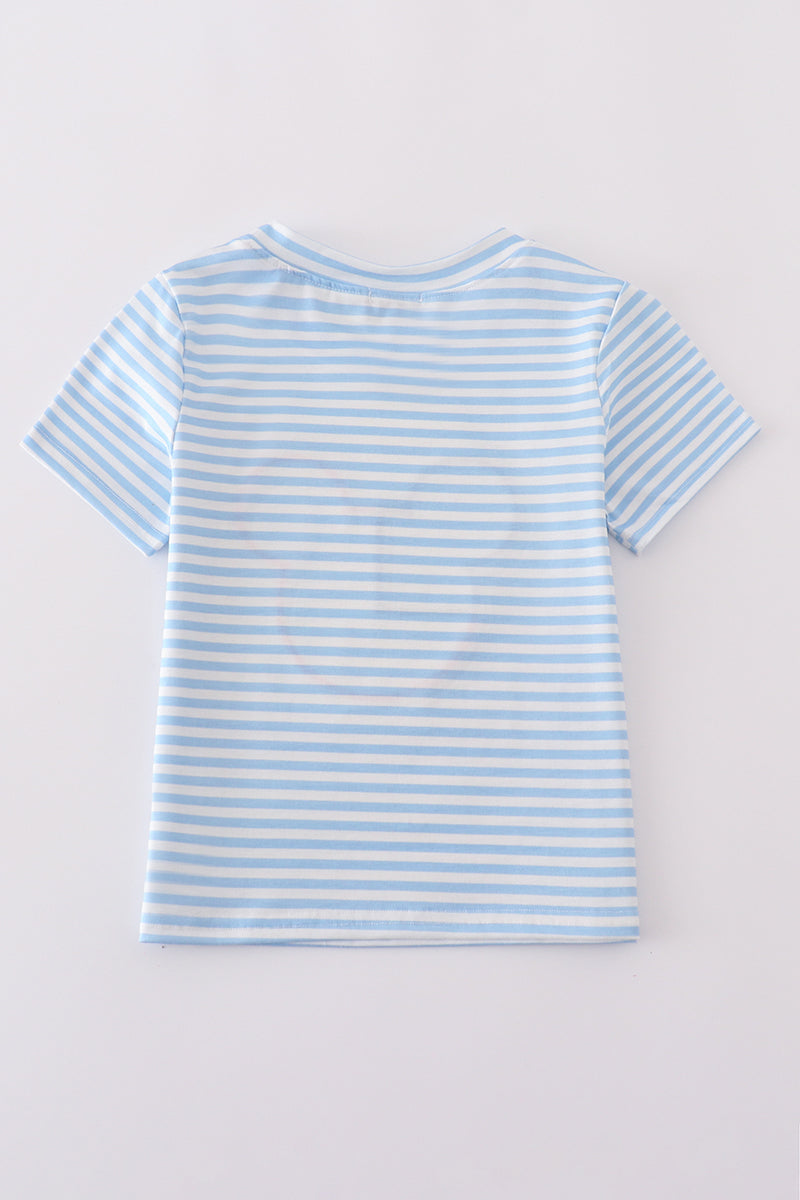 Blue and white striped top with playful character applique, perfect for kids.