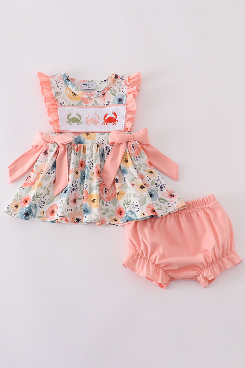 Floral crab embroidery ruffle bloomer set with cheerful summer colors and patterns.
