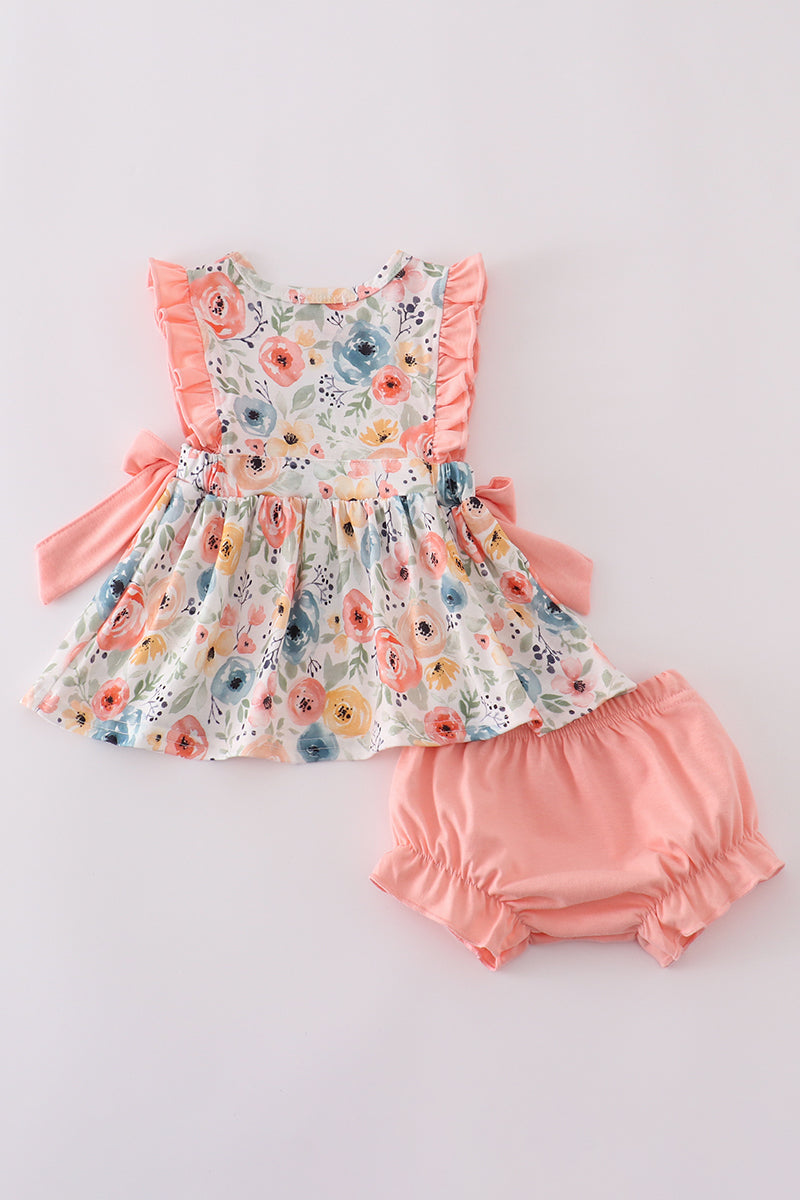 Floral crab embroidery ruffle bloomer set with cheerful summer colors and patterns.
