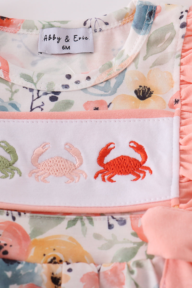 Floral crab embroidery ruffle bloomer set with cheerful summer colors and patterns.