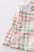 A charming plaid bloomer set featuring cheerful crab embroidery, perfect for summer fun.