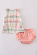 A charming plaid bloomer set featuring cheerful crab embroidery, perfect for summer fun.