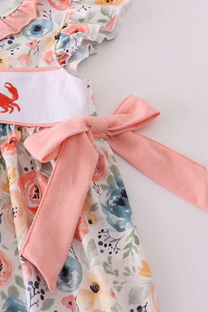 Adorable ruffle shorts set with playful floral crab embroidery, perfect for summer fun.