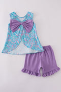 Whimsical mermaid-themed shorts set with colorful embroidery, perfect for summer fun.