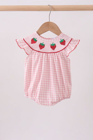 Pink strawberry embroidery gingham bubble