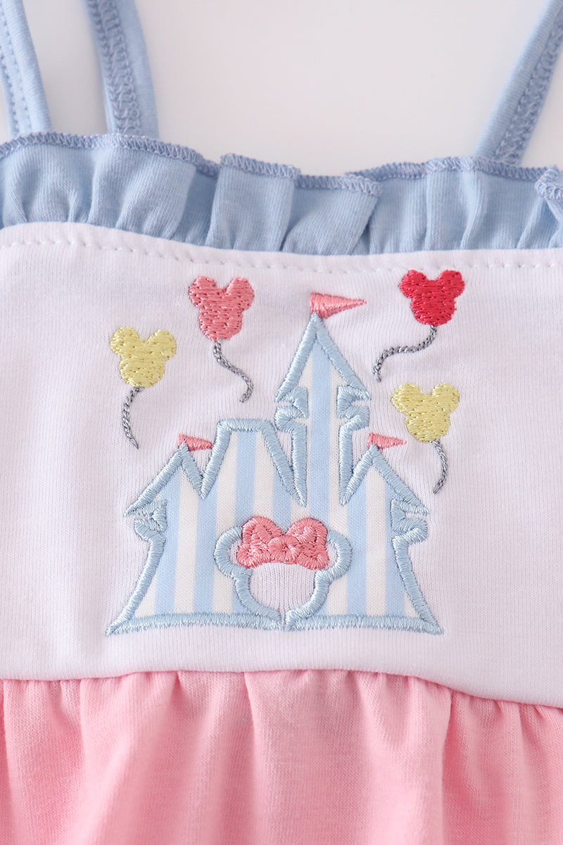 Pink ruffle bubble with castle applique, perfect for playful, fairy-tale adventures.