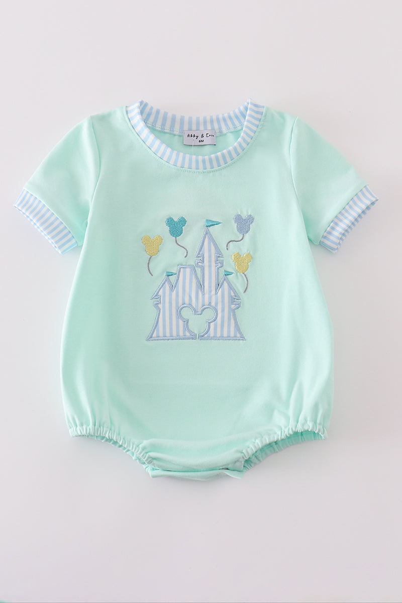 Mint green bubble romper with a whimsical castle applique, perfect for playtime.